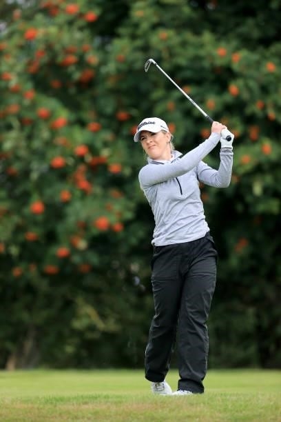 Lauren Taylor of England plays her tee shot on the third hole during the Rose Ladies Series at Scotscraig Golf Club on August 07, 2021 in Tayport,...