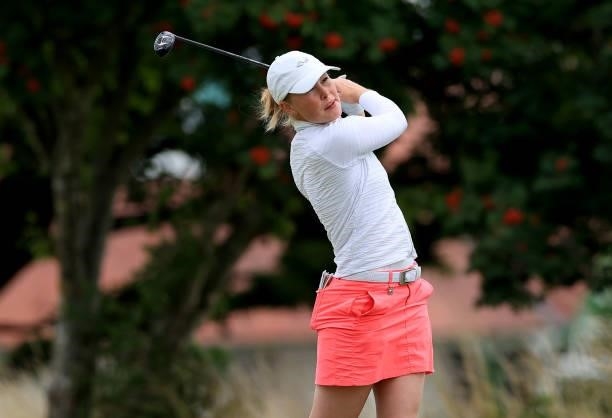 Dulcie Sverdloff of England plays her tee shot on the third hole during the Rose Ladies Series at Scotscraig Golf Club on August 07, 2021 in Tayport,...