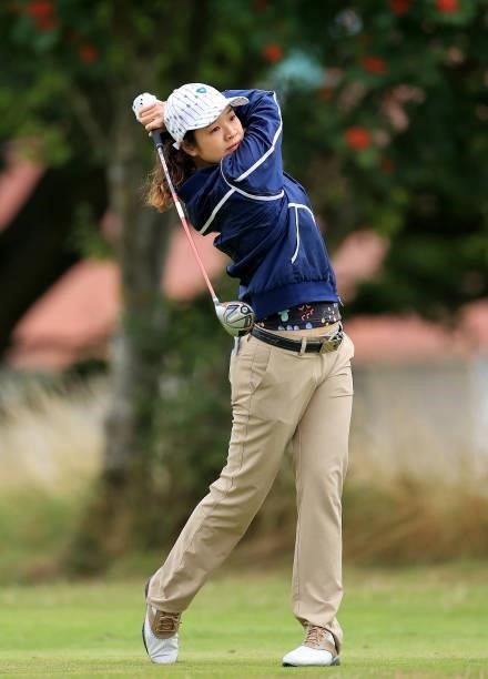 Chalisa Limpipolpaibul of Thailand plays her tee shot on the third hole during the Rose Ladies Series at Scotscraig Golf Club on August 07, 2021 in...