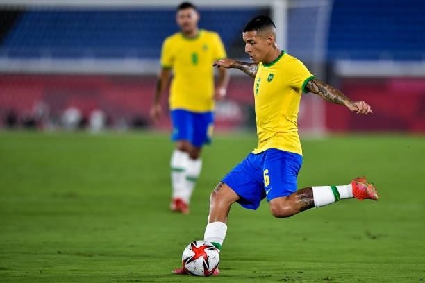 Guilherme Arana of Brazil during the Tokyo 2020 Olympic Mens Football Tournament Gold Medal Match between Brazil and Spain at International Stadium...