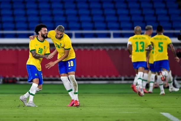 Claudinho of Brazil and Richarlison of Brazil celebrate their sides first goal during the Tokyo 2020 Olympic Mens Football Tournament Gold Medal...