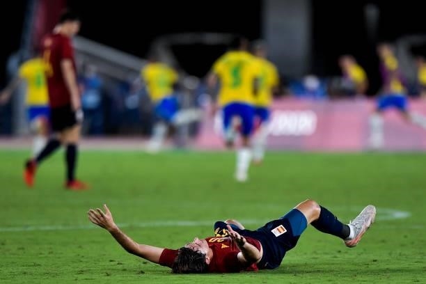Juan Miranda of Spain looks dejected after conceding his sides second goal during the Tokyo 2020 Olympic Mens Football Tournament Gold Medal Match...