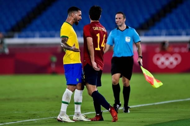 Douglas Luiz of Brazil and Carlos Soler of Spain during the Tokyo 2020 Olympic Mens Football Tournament Gold Medal Match between Brazil and Spain at...
