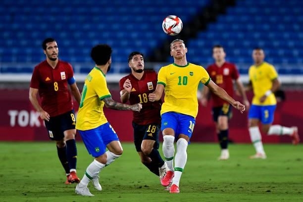 Oscar Gil of Spain and Richarlison of Brazil during the Tokyo 2020 Olympic Mens Football Tournament Gold Medal Match between Brazil and Spain at...