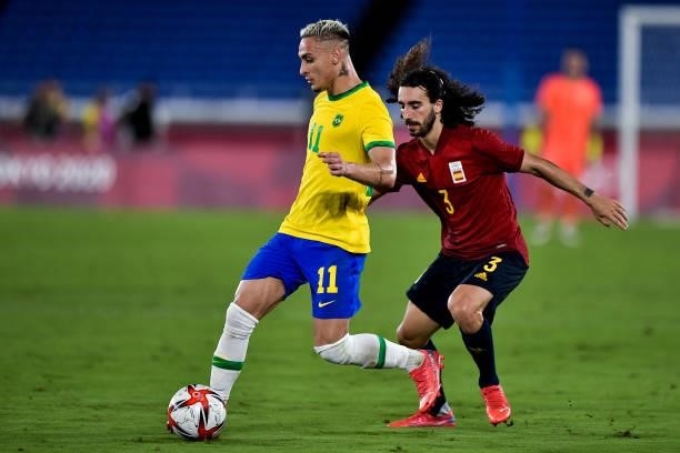 Antony of Brazil and Cucurella of Spain during the Tokyo 2020 Olympic Mens Football Tournament Gold Medal Match between Brazil and Spain at...