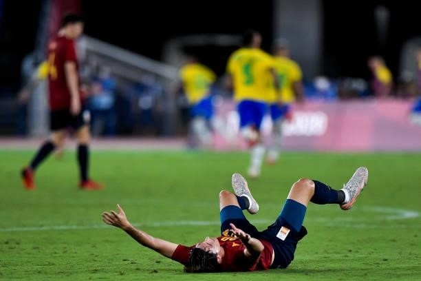 Juan Miranda of Spain looks dejected after conceding his sides second goal during the Tokyo 2020 Olympic Mens Football Tournament Gold Medal Match...