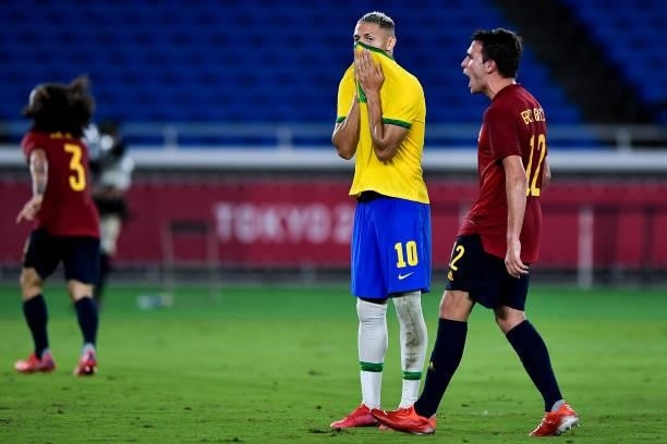 Richarlison of Brazil and Eric Garcia of Spain during the Tokyo 2020 Olympic Mens Football Tournament Gold Medal Match between Brazil and Spain at...