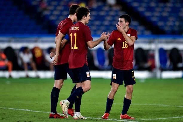 Mikel Oyarzabal of Spain celebrates with Pedri of Spain after scoring his sides second goal during the Tokyo 2020 Olympic Mens Football Tournament...