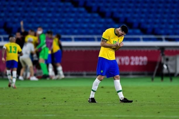 Nino of Brazil celebrates his sides second goal during the Tokyo 2020 Olympic Mens Football Tournament Gold Medal Match between Brazil and Spain at...