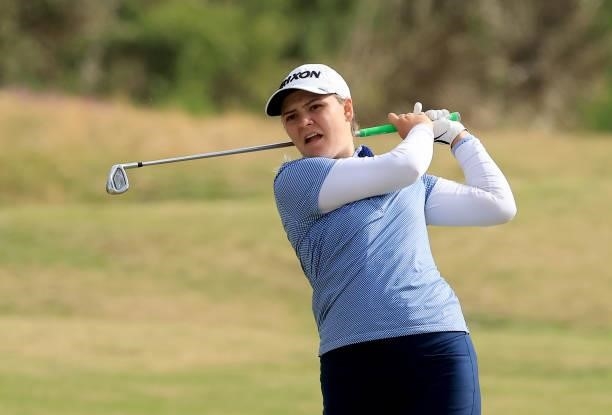 Grace Mitchell of Scotland plays her second shot on the first hole during the Rose Ladies Series at Scotscraig Golf Club on August 07, 2021 in...
