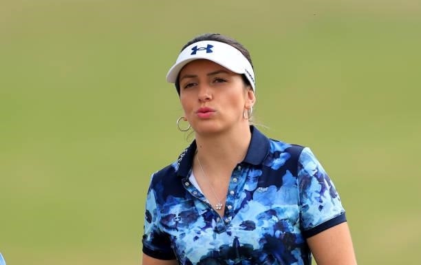 Eugenie Knight of England plays her tee shot on the second hole during the Rose Ladies Series at Scotscraig Golf Club on August 07, 2021 in Tayport,...