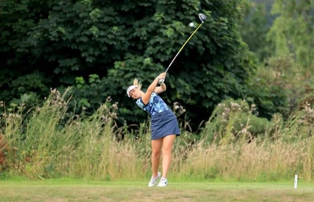Eugenie Knight of England plays her tee shot on the second hole during the Rose Ladies Series at Scotscraig Golf Club on August 07, 2021 in Tayport,...