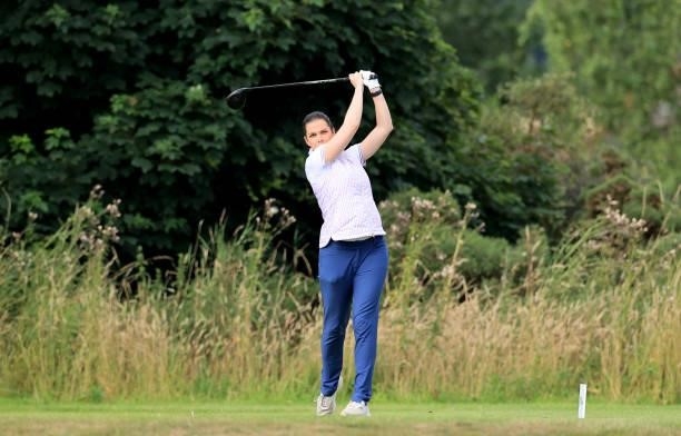 Nikki McLeish of Scotland plays her tee shot on the second hole during the Rose Ladies Series at Scotscraig Golf Club on August 07, 2021 in Tayport,...
