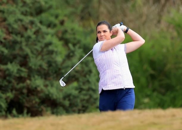 Nikki McLeish of Scotland plays her second shot on the first hole during the Rose Ladies Series at Scotscraig Golf Club on August 07, 2021 in...