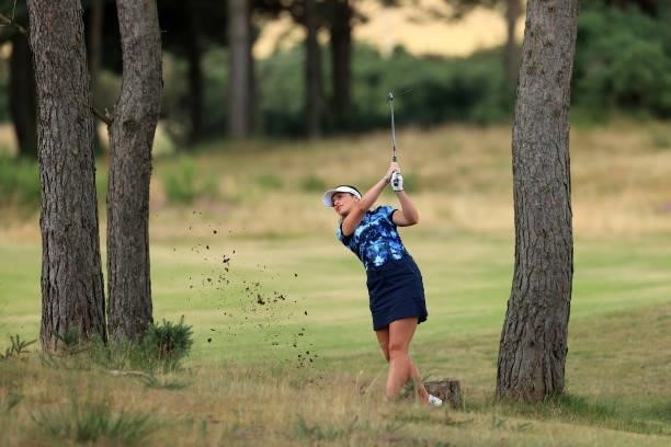 Eugenie Knight of England plays her second shot on the eighth hole during the Rose Ladies Series at Scotscraig Golf Club on August 07, 2021 in...