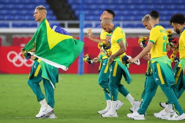 Richarlison of Team Brazil looks on after defeating Team Spain 2-1 to win the men's gold medal match between Team Brazil and Team Spain at...