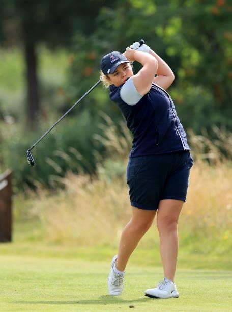Megan Ashley of Scotland plays her tee shot on the fourth hole during the Rose Ladies Series at Scotscraig Golf Club on August 07, 2021 in Tayport,...