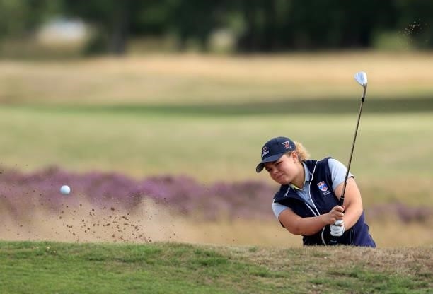 Megan Ashley of Scotland plays her second shot on the third hole during the Rose Ladies Series at Scotscraig Golf Club on August 07, 2021 in Tayport,...