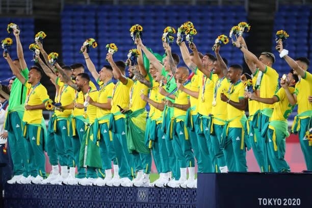 Team Brazil celebrates during the medal ceremony after defeating Team Spain 2-1 to win the men's gold medal match between Team Brazil and Team Spain...