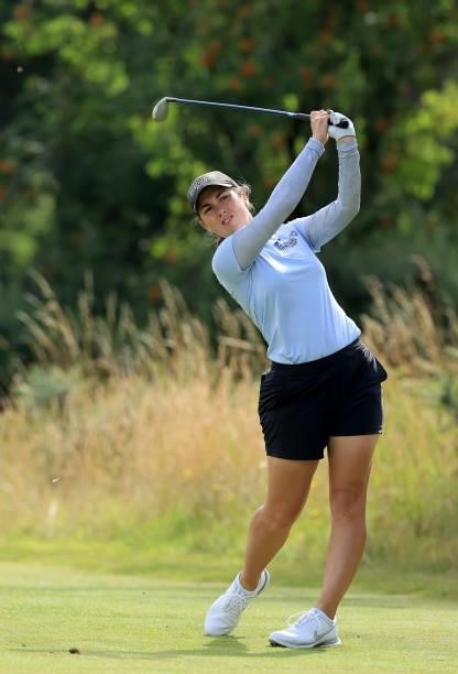 Penelope Brown of England plays her tee shot on the fourth hole during the Rose Ladies Series at Scotscraig Golf Club on August 07, 2021 in Tayport,...