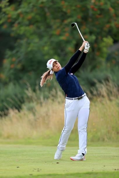 Nemittra Juntanaket of Thailand plays her tee shot on the fourth hole during the Rose Ladies Series at Scotscraig Golf Club on August 07, 2021 in...