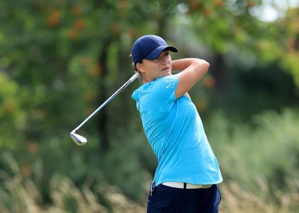 Brogan Townend of England plays her tee shot on the fourth hole during the Rose Ladies Series at Scotscraig Golf Club on August 07, 2021 in Tayport,...