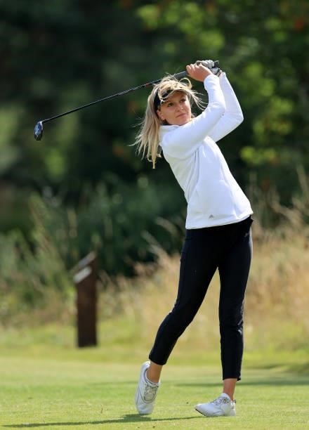 Ellie Gower of England plays her tee shot on the fourth hole during the Rose Ladies Series at Scotscraig Golf Club on August 07, 2021 in Tayport,...