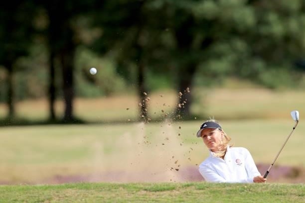 Ellie Gower of England plays her second shot on the third hole during the Rose Ladies Series at Scotscraig Golf Club on August 07, 2021 in Tayport,...
