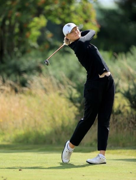Kirsty Mitchell of Scotland plays her tee shot on the fourth hole during the Rose Ladies Series at Scotscraig Golf Club on August 07, 2021 in...