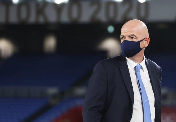 Gianni Infantino, President of FIFA is seen wearing a face mask during the Men's Football Competition Medal Ceremony on day fifteen of the Tokyo 2020...