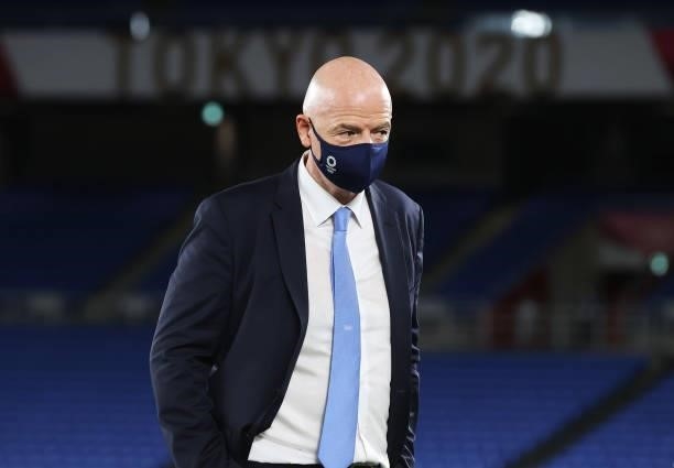 Gianni Infantino, President of FIFA is seen wearing a face mask during the Men's Football Competition Medal Ceremony on day fifteen of the Tokyo 2020...