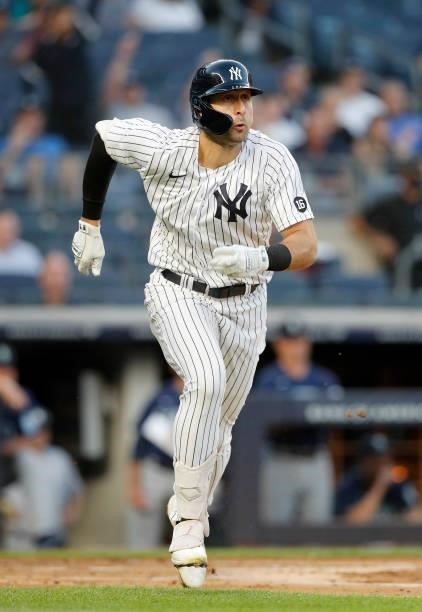 Joey Gallo of the New York Yankees in action against the Seattle Mariners at Yankee Stadium on August 05, 2021 in New York City. The Yankees defeated...