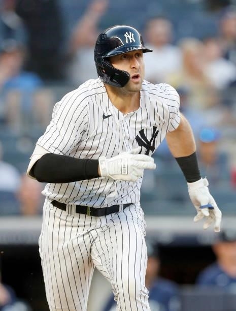 Joey Gallo of the New York Yankees in action against the Seattle Mariners at Yankee Stadium on August 05, 2021 in New York City. The Yankees defeated...