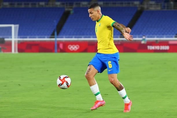 Guilherme Arana of Team Brazil controls the ball in the first half during the men's gold medal match between Team Brazil and Team Spain at...