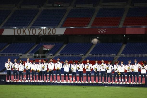 Silver medalists of Team Spain stand on the podium with their silver medals during the Men's Football Competition Medal Ceremony on day fifteen of...