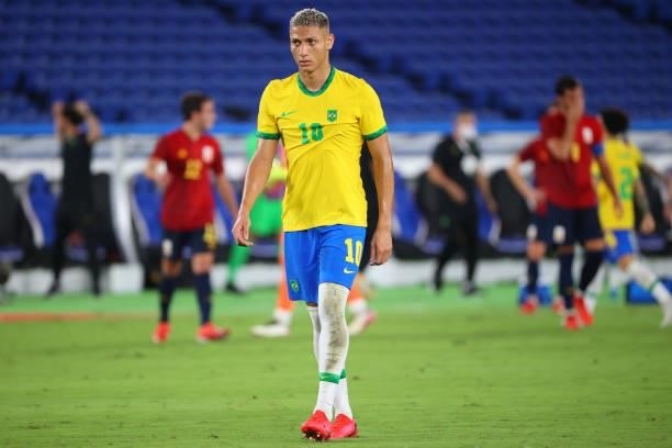 Richarlison of Team Brazil reacts in the first half during the men's gold medal match between Team Brazil and Team Spain at International Stadium...