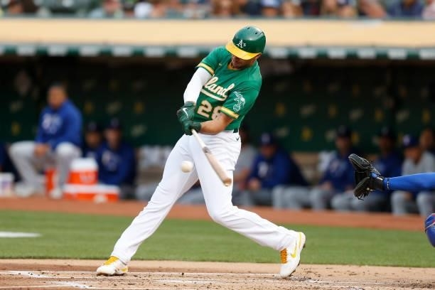 Matt Olson of the Oakland Athletics at bat against the Texas Rangers at RingCentral Coliseum on August 06, 2021 in Oakland, California.