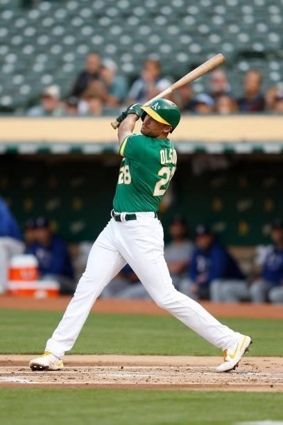 Matt Olson of the Oakland Athletics at bat against the Texas Rangers at RingCentral Coliseum on August 06, 2021 in Oakland, California.
