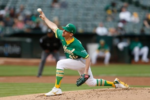 Chris Bassitt of the Oakland Athletics pitches against the Texas Rangers at RingCentral Coliseum on August 06, 2021 in Oakland, California.