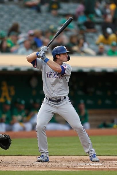 Peters of the Texas Rangers at bat against the Oakland Athletics at RingCentral Coliseum on August 06, 2021 in Oakland, California.
