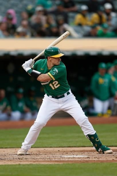 Sean Murphy of the Oakland Athletics at bat against the Texas Rangers at RingCentral Coliseum on August 06, 2021 in Oakland, California.