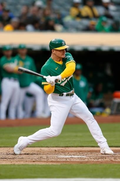 Matt Chapman of the Oakland Athletics at bat against the Texas Rangers at RingCentral Coliseum on August 06, 2021 in Oakland, California.