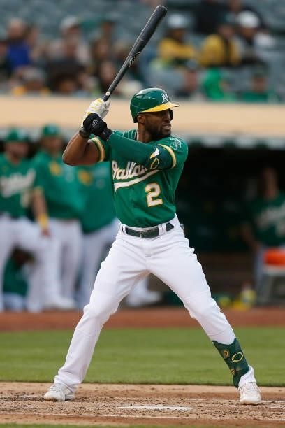 Starling Marte of the Oakland Athletics at bat against the Texas Rangers at RingCentral Coliseum on August 06, 2021 in Oakland, California.