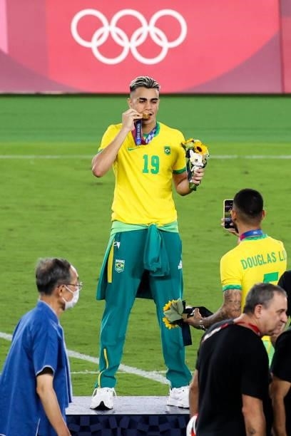 Reinier of Team Brazil celebrates after the award ceremony of the Men's Gold Medal Match between Team Brazil and Team Spain on day fifteen of the...