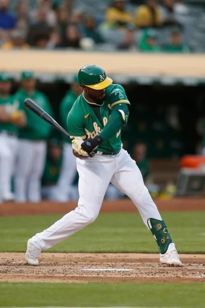 Starling Marte of the Oakland Athletics at bat against the Texas Rangers at RingCentral Coliseum on August 06, 2021 in Oakland, California.
