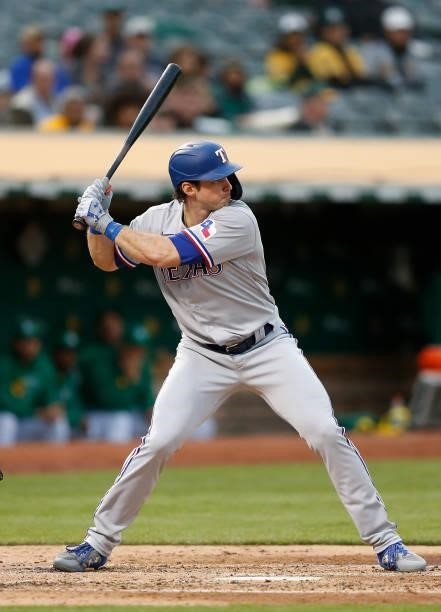Peters of the Texas Rangers at bat against the Oakland Athletics at RingCentral Coliseum on August 06, 2021 in Oakland, California.