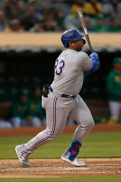 Curtis Terry of the Texas Rangers at bat against the Oakland Athletics at RingCentral Coliseum on August 06, 2021 in Oakland, California.