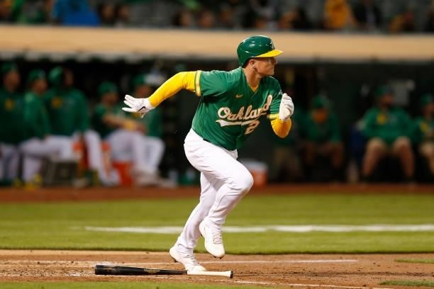 Matt Chapman of the Oakland Athletics at bat against the Texas Rangers at RingCentral Coliseum on August 06, 2021 in Oakland, California.