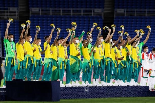 Players of Team Brazil attend the award ceremony of the Men's Gold Medal Match between Team Brazil and Team Spain on day fifteen of the Tokyo 2020...