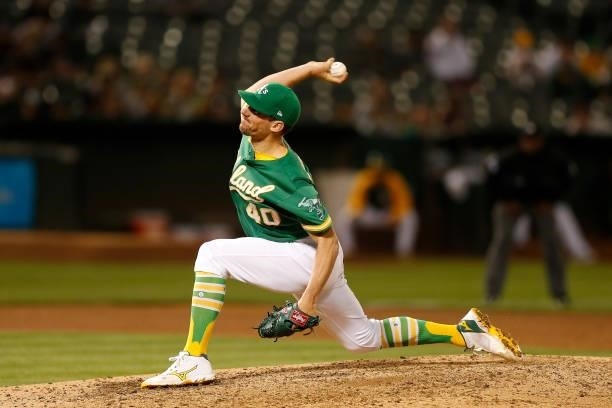 Chris Bassitt of the Oakland Athletics pitches against the Texas Rangers at RingCentral Coliseum on August 06, 2021 in Oakland, California.